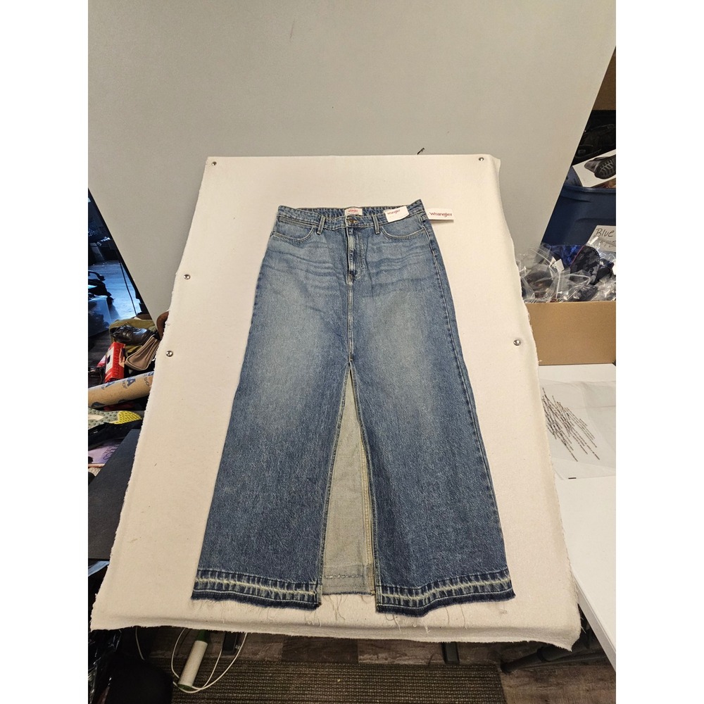 Wrangler Womens Denim Maxi Skirt Medium Wash Blue Cotton Frayed Hem 112357916 12